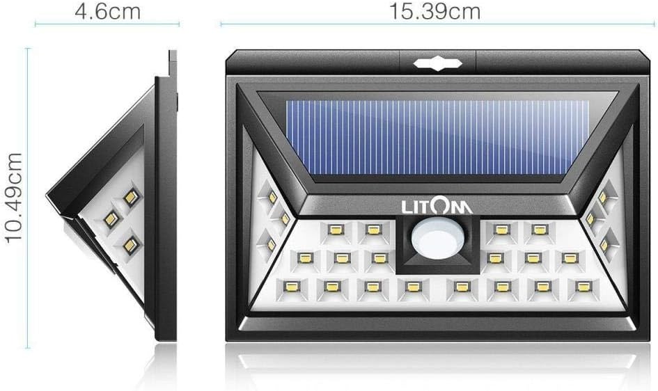 Diagram showing the dimensions of the LITOM solar light, with a front view and a side view. The front view shows the solar panel at the top, the LITOM logo, a central motion sensor, and multiple LED lights arranged around the sensor. The side view shows the angled design. Dimensions are approximately 15.39 cm wide, 10.49 cm high, and 4.6 cm deep.