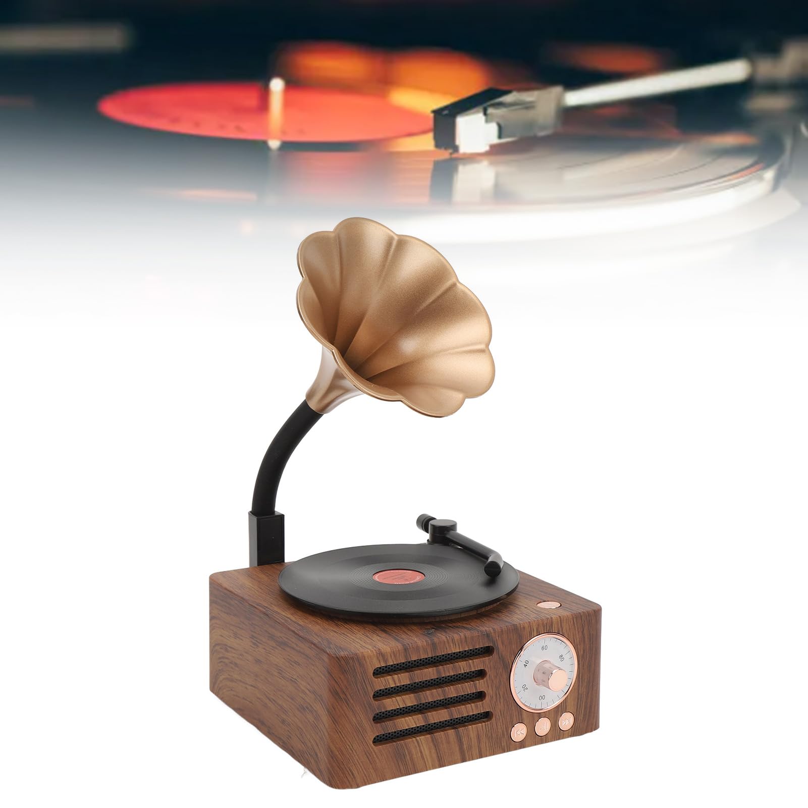 Joueur de Disques, Haut-Parleur de Haut-Parleur Gramophone Haut-Parleur avec Haut-Parleur Grain de Bois Vintage ROTACTACT ROCKAT Player Forme Stéréo Haut-Parleur pour la Maison