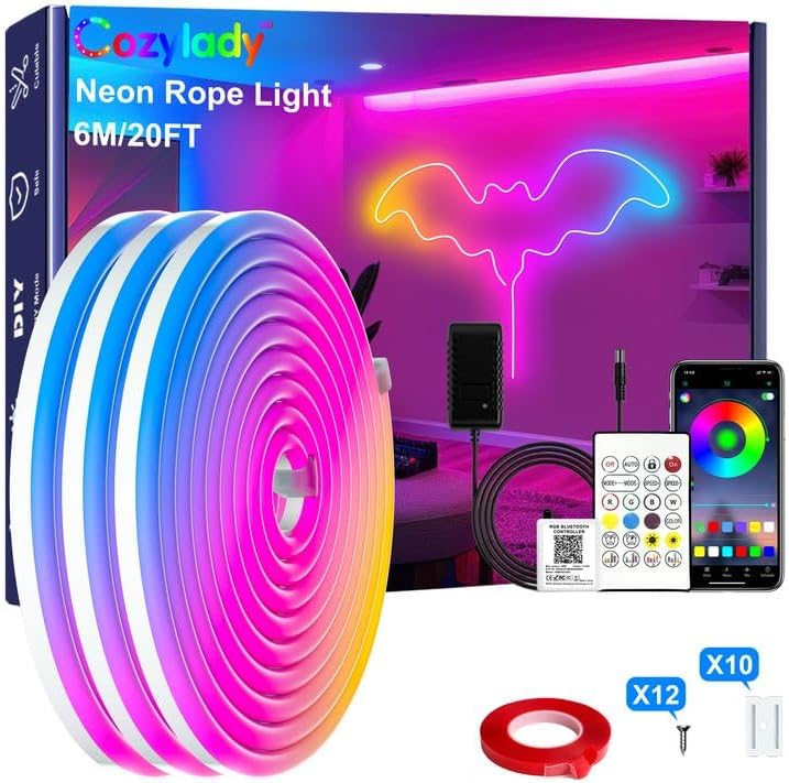 Cozylady Luz de neón RGB de 6 m, luz de cuerda LED, aplicación Bluetooth impermeable de 20 pies, tira de luz de sincronización de música con control remoto, luz de silicona flexible de 24 V para dormitorio, hogar, decoración interior y exterior (6 m/20 pies)