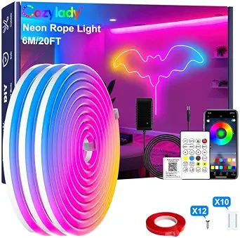 Cozylady 6M RGB Neon LED Rope Light, 20ft Waterproof Bluetooth APP Remote Control Music Sync Strip Light, 24V Flexible DIY Silicone Light for Indoor and Outdoor Decoration