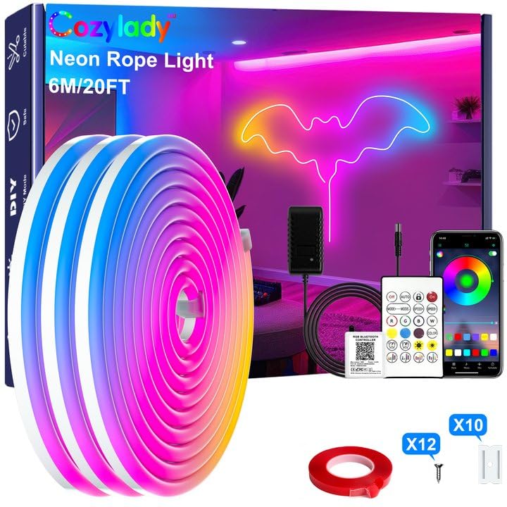 Cozylady RGB LED Neon Rope Lights, 20Ft Waterproof Strip, 7.5M, Multicolor,