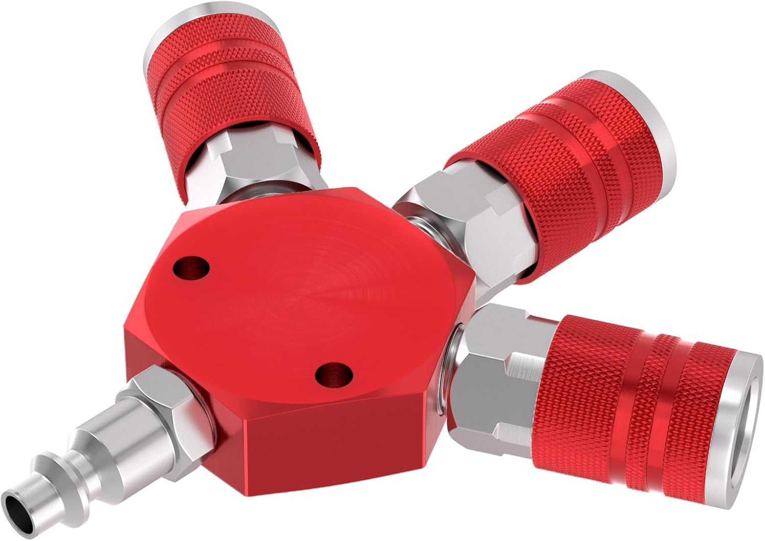 GASHER 1/4" basic body size Aluminum Hex Style 3-Way Air Manifold with 3 Pieces Steel Industrial Coupler and Plug, Air Compressor manifold Hose Accessories Quick Connect Fittings Air Splitter(2-Pack)