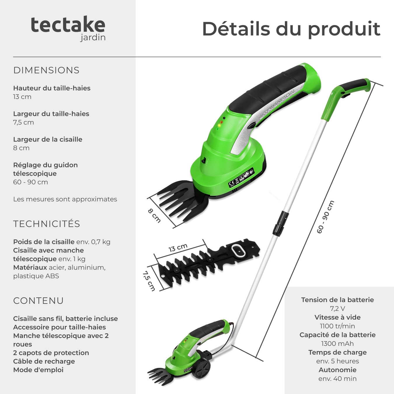 tectake® Taille haie Batterie Cisaille de Jardin Cisailles à Gazon Coupe Bordure Batterie avec 2 Lames différentes, Manche téléscopique et Chargeur 7,2V Batterie Lihtium ION Taille Herbe