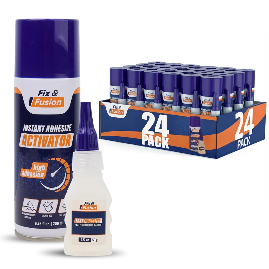 FIX & FUSION Set De Pegamento Instantáneo 50 G Con Spray Activador 200 Ml, Adhesivo Rápido Para Madera, Plástico, Goma, Metal Y Cerámica, Ideal Para Bricolaje Y Reparaciones (24 Paquete)