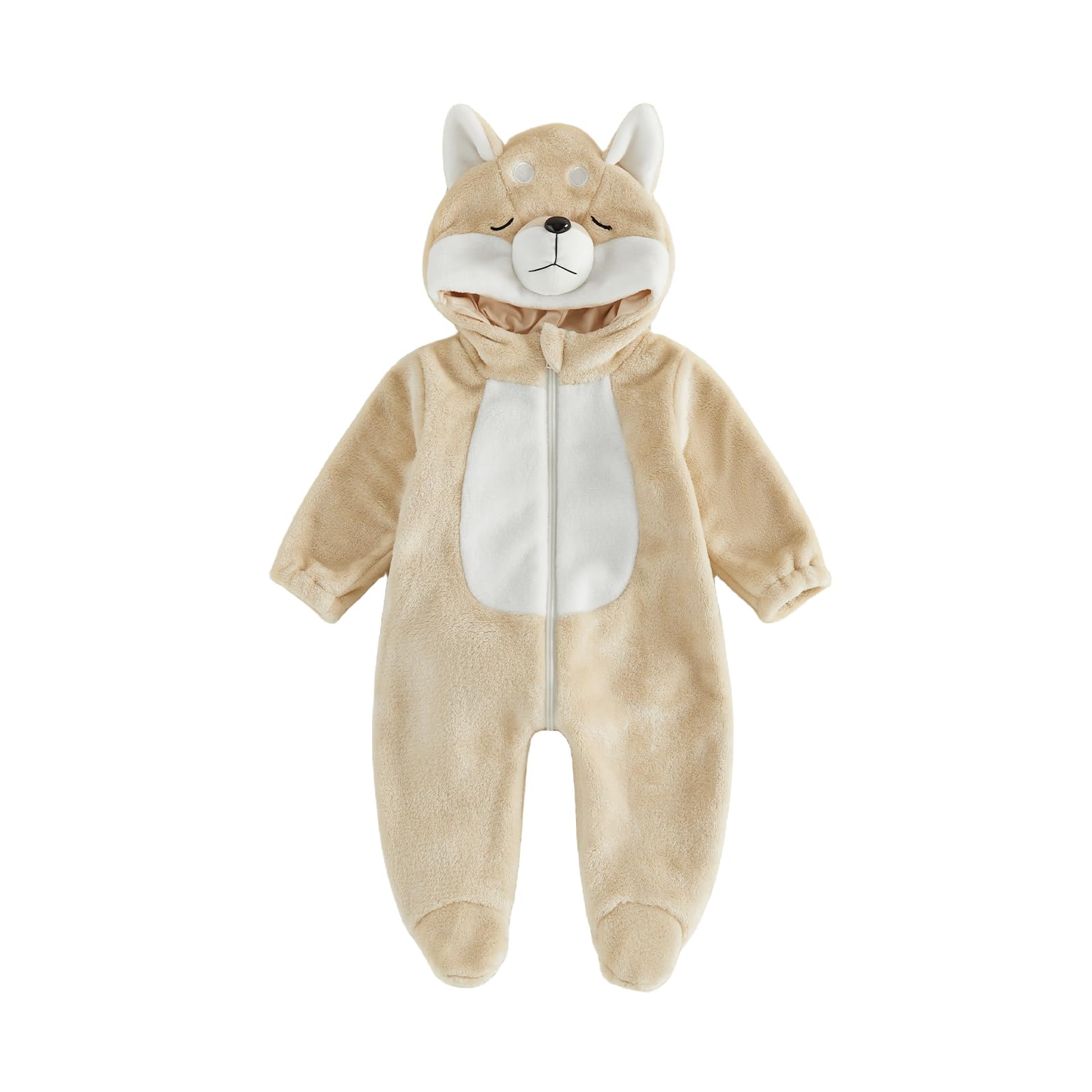 Xeadoffubio Toddler Baby Girl Boy Halloween Animal Outfit Zip Up Hooded Warm Jumpsuit (Apricot, 12-18 Months)