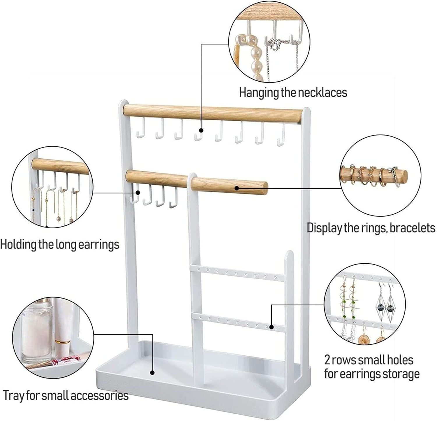 Storage Box Necklace Display Jewelry Stand Holder Necklace Hanging Wooden Ring Organizer Earring Tray 12 Hooks Storage Necklaces Bracelets Rings and Watches Jewelry Display