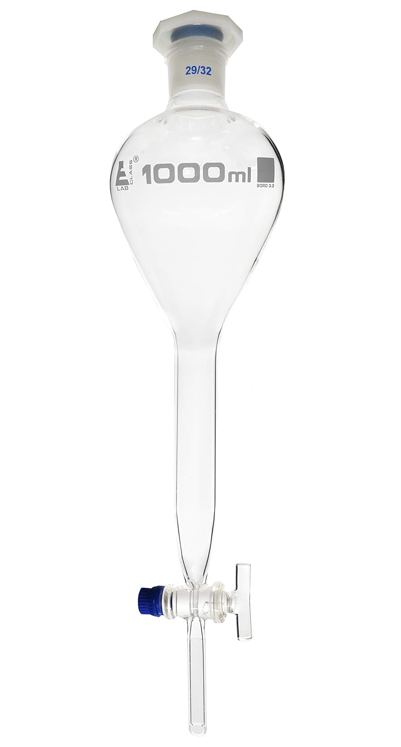 EISCO Gilson Separating Funnel, 1000ml - Glass Stopcock - Plastic Stopper, Socket Size 29/32 - Borosilicate Glass