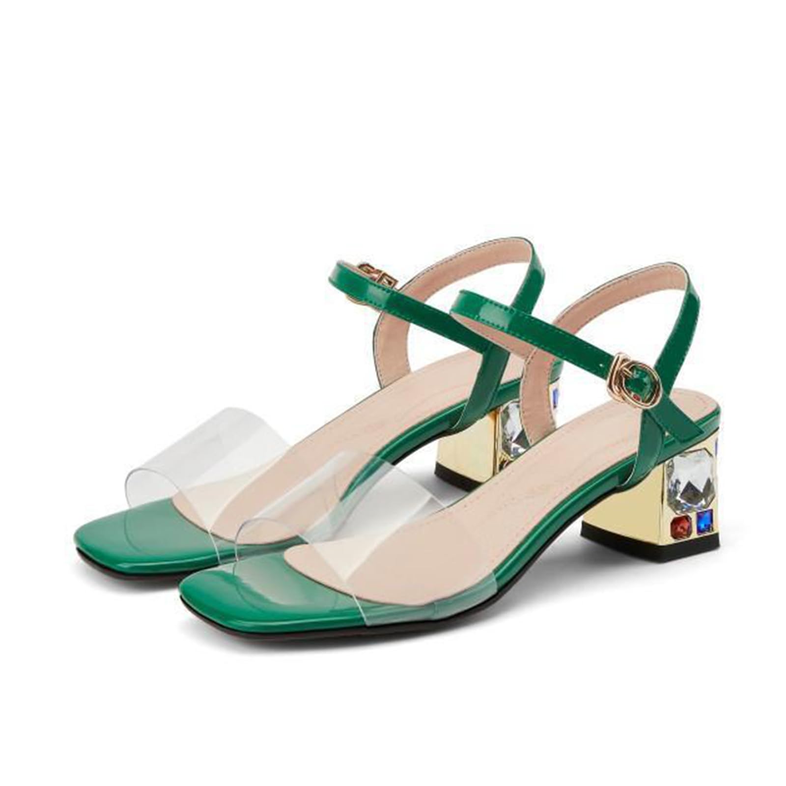Mujer Tacones Altos con Punta Cuadrada Sandalias Huecas Sandalias con Tacones Gruesos Correa con Hebilla de una línea Charol PVC Tacones Gruesos Pedrería Altura del tacón 8 CM