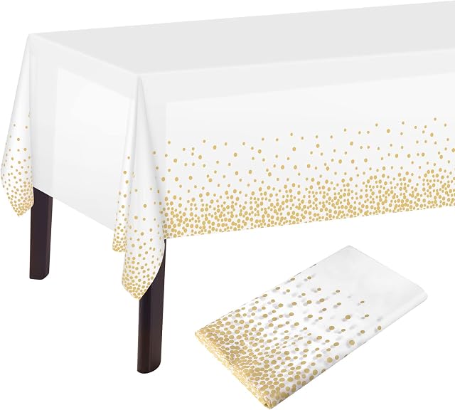 PLULON White and Gold Dot Tablecloth White and Gold Table Cover 137 x 274cm Plastic Rectangle Table Cover for White and Gold Party Birthday Table Decorations