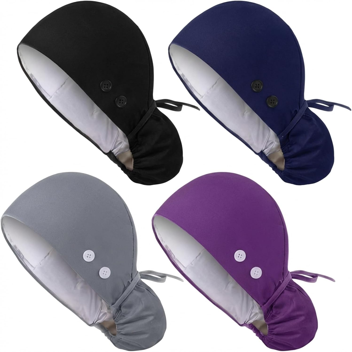 4 Pcs Satin Lined Scrub Caps with Buttons Adjustable Work Cap with Sweatband Tie Back Surgical Hats for Women Nurse