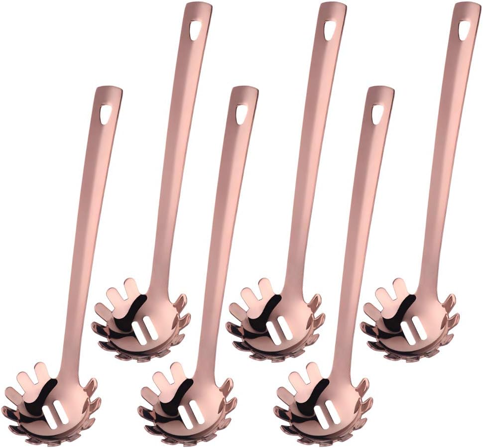 Spaghetti Server Set of 6, Dongbo Stainless Steel Pasta Fork Slotted Spoons, Rose Gold