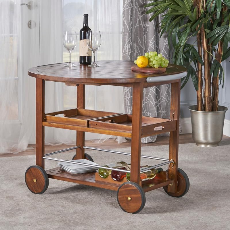 Bar Cart with Wheels, Acacia Wood with Aluminum Accents, Drop Leaf Counter Home Bar & Serving Carts with Built-in Wine Rack & 2 Drawers (Oak+Silver)