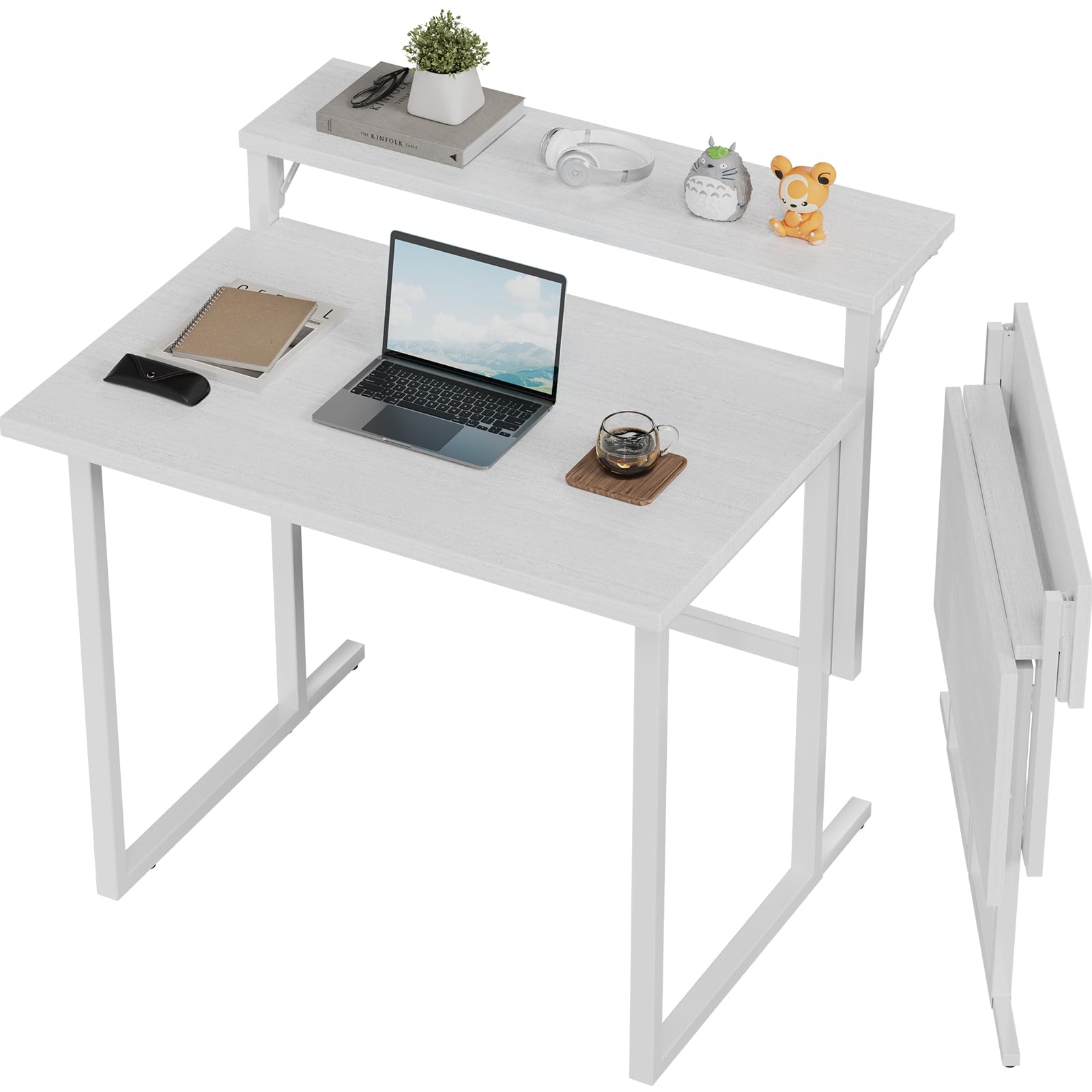 JUMMICO Schreibtisch Klappbar, 80cm Kleiner Schreibtisch mit Monitorablage, 2-stufiger Klapptisch für Home Office, Büro, Schule, Computertisch für kleine Räume (Weiß)