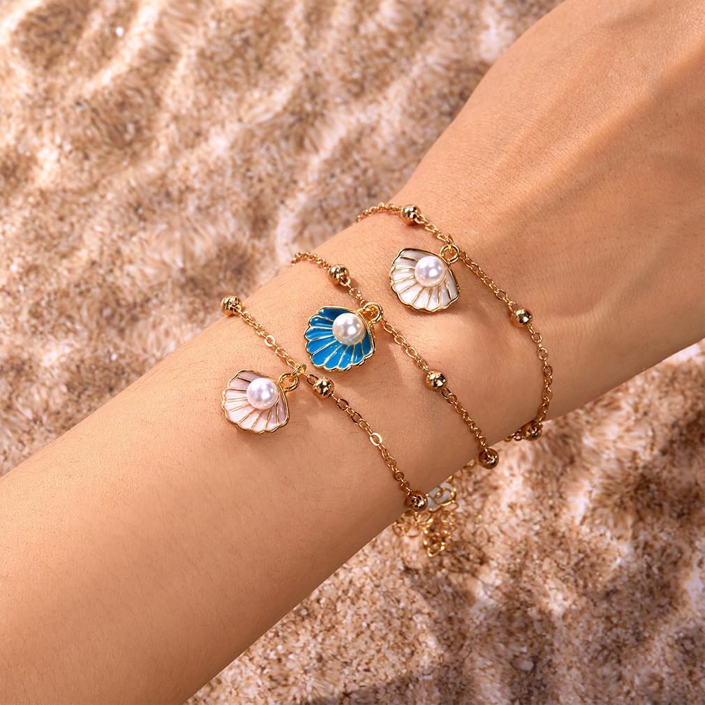 3Pcs Seashell Pearl Gold Beach Bracelets Set for Women Trendy Blue/White/Peach Shell Conch Statement Bracelet Fashion Cowrie Beachy Holiday Hawaii Jewelry - Image 2