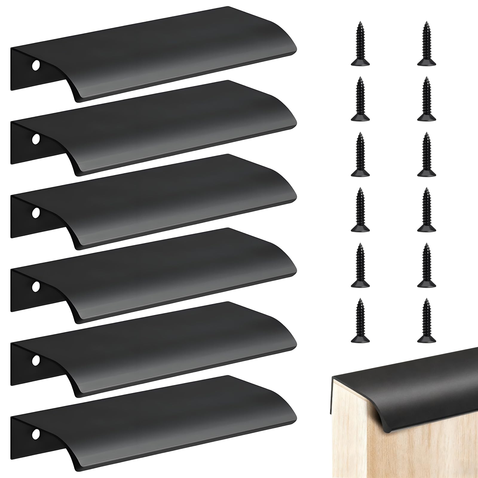 Lirynox Matte Black Black Kitchen Cabinet Pull Handles, 6 Pcs 80Mm Finger Edge Concealed Wardrobe Door Handle For Drawer And Cupboard, Matte Invisible Cupboards Pulls