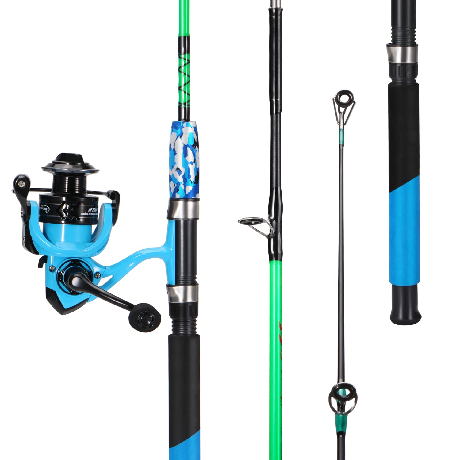 Sougayilang Spinning Reel and 2-Piece Fishing Rod Combo, Durable Graphite & Fiberglass Rod, Split-Grip Cork Handle,Right/Left Handle Position: Blue 7'00''-2000