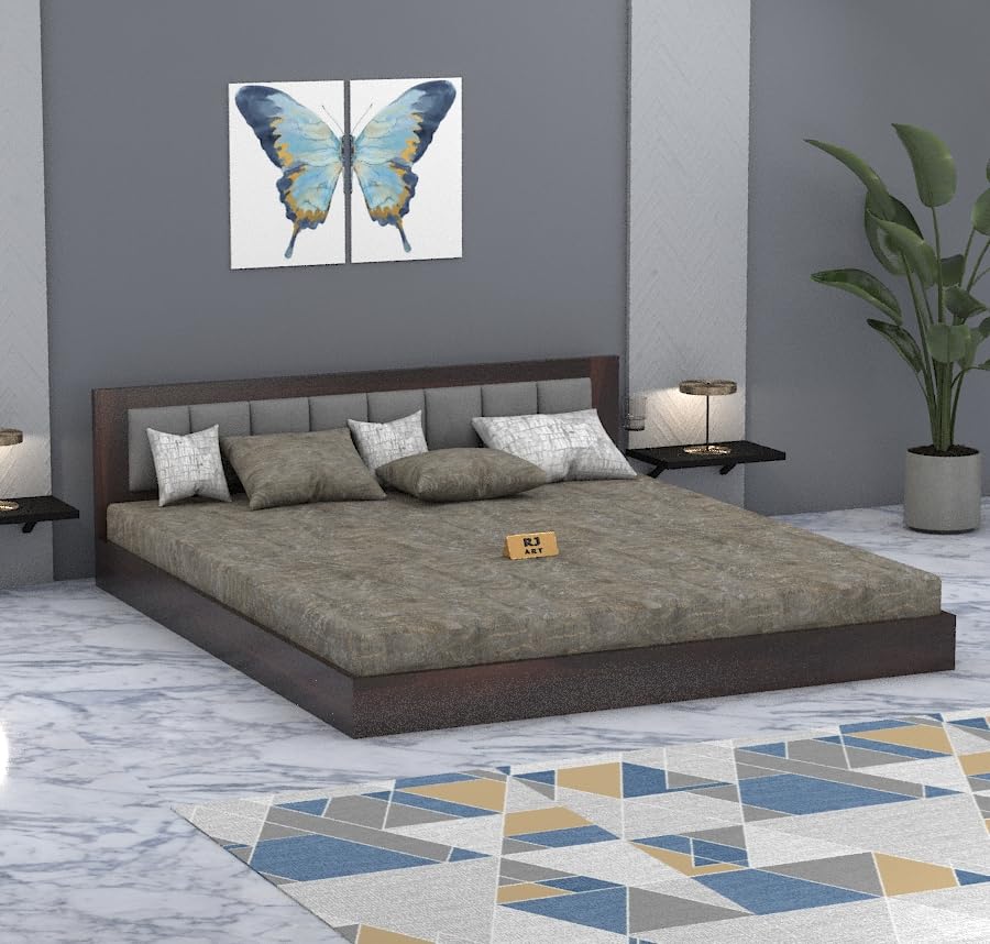 Image of Solid Sheesham Wood Queen Size Bed Without Storage for Bedroom Living Room Home Hotel Wooden Double Bed Cot Palang with Cushion Headboard Home Furniture (Walnut Finish)