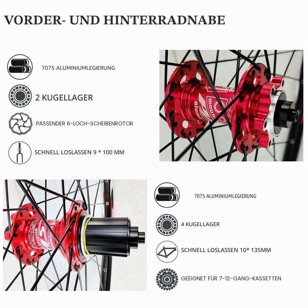 MTB Laufradsatz 26 Zoll 27,5 Zoll 29 ER, Fahrradfelge Aus Aluminiumlegierung HG gedichtetes Lager 142mm Steckachse 32H Felge Vorne und Hinten for 7-12 Gang Kassette