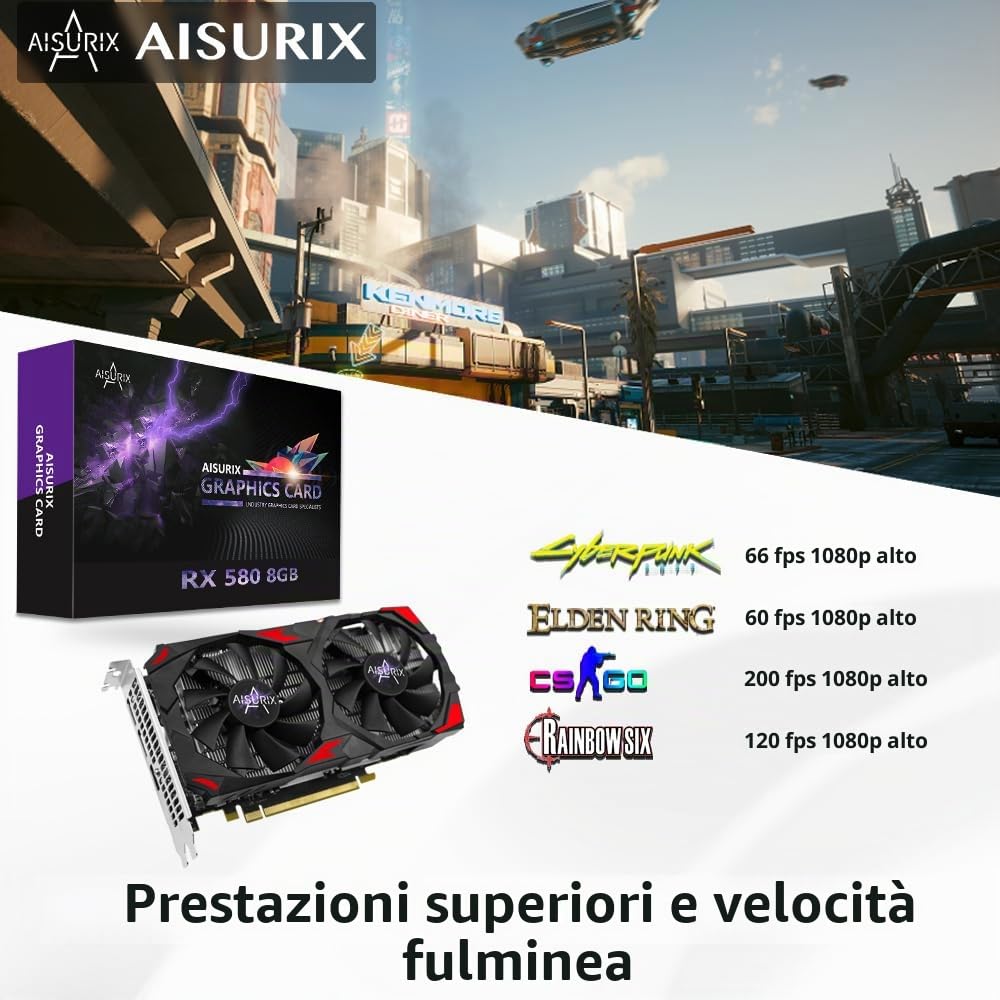 Kelinx AISURIX RX 580 Scheda grafica, 2048SP, Real 8GB, GDDR5, 256 bit, scheda video per PC gaming, 2XDP, HDMI, PCI Express 3.0 con fermo ventola per desktop computer Gaming Gpu