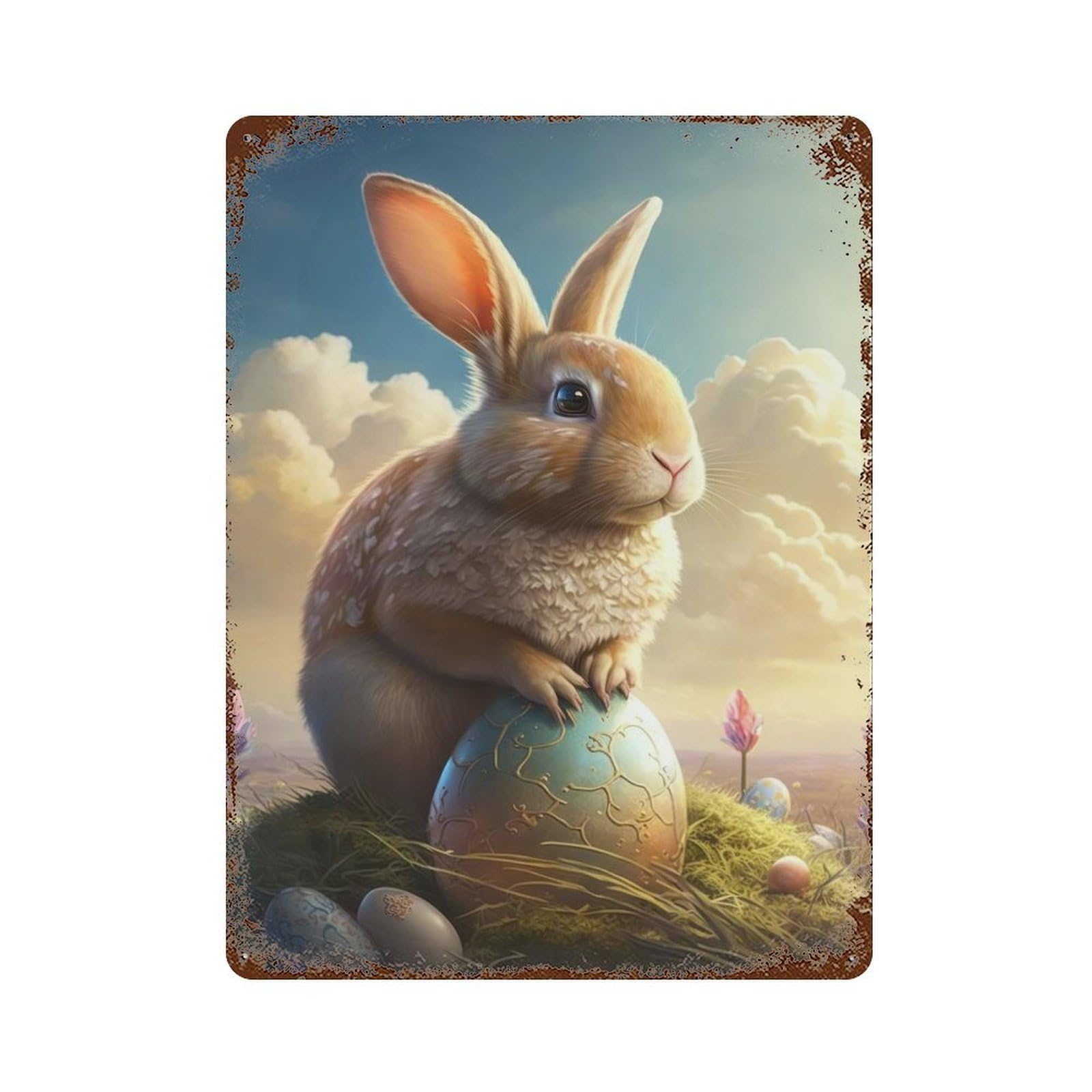 Easter Bunny X Aged Metal Wall Plaque 15.7"x11.8", Decorative Metal Wall Art for Garage, Pub Or Kitchen
