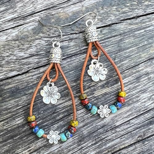 Boho Earrings for Women,Handmade Vintage Dangle Drop Earring,Western Country with Nature Stone and Flower 6