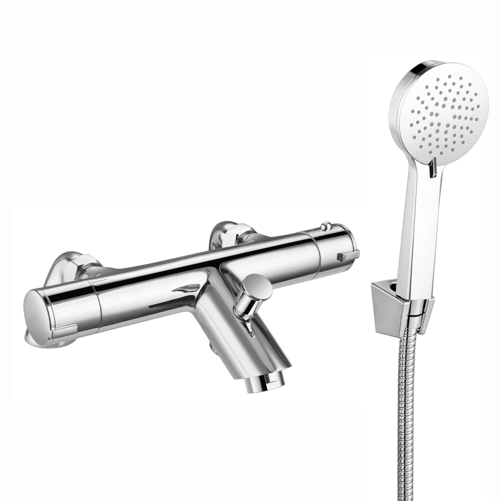 Enki Chrome Dune, Bbt0215, Thermostatic Deck Mounted Bath Shower Mixer Valve With Shower Head, Hose & Bracket, Solid Brass, Anti-Scald Device, Modern, 1-Year Guarantee