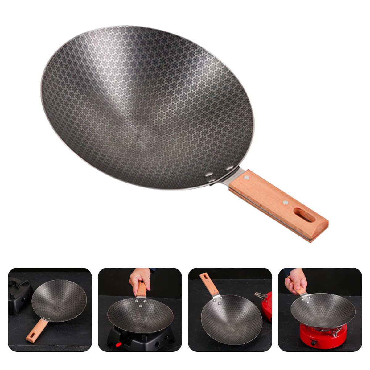 INOOMP Wok da Cucina Piccolo Stile Giapponese Fondo Tondo Ferro | Manico in Legno, Adatto All’uso Esterno, Stabile e Facile da Pulire, Linee Semplici e Forma Rotonda
