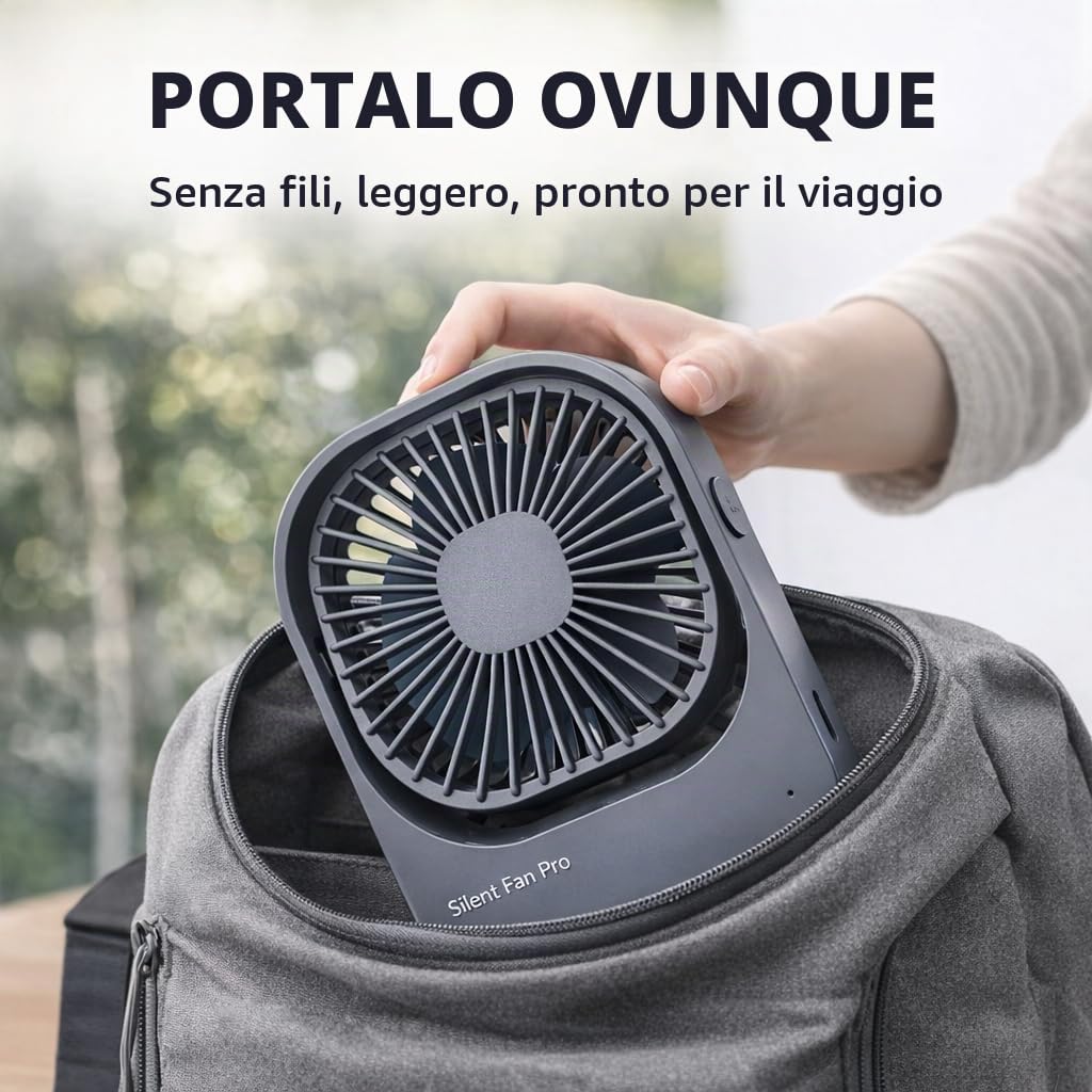 Ventilatore Silenzioso da Tavolo, 3 Impostazioni di Velocità, Unga Durata, Ventola di Raffreddamento Portatile per Uufficio, Casa, Dormitorio - F102 (Grigio-Senza fili)