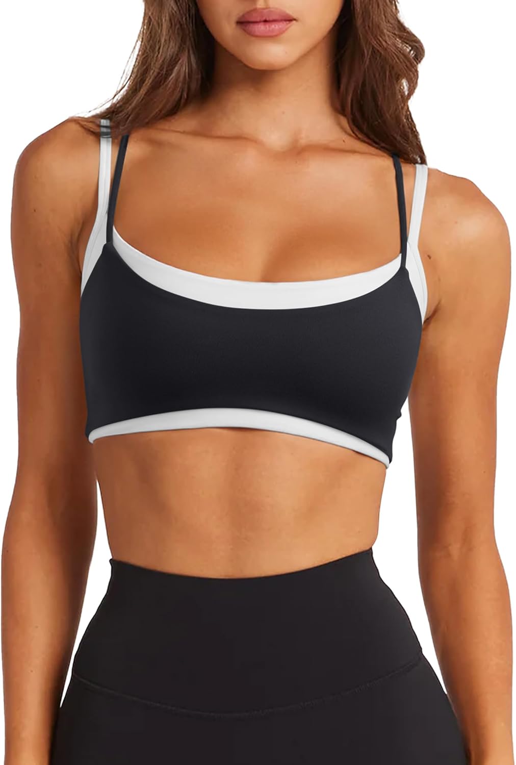 LASLULU Womens Double Layered Sports Bra Adjustable Spaghetti Straps Sexy Scoop Neck Wireless Padded Workout Yoga Crop Tops