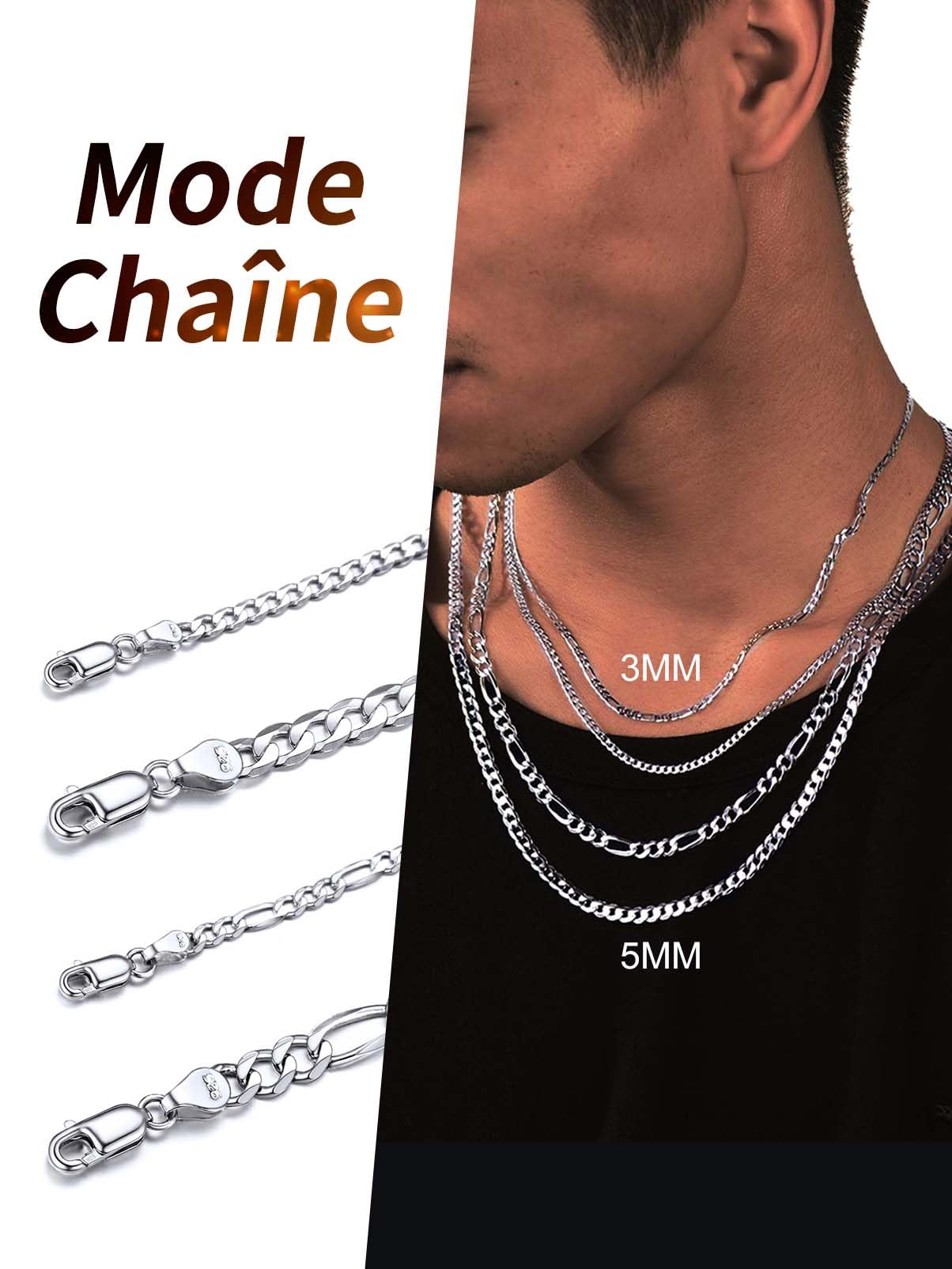 Silvora Collier Chaine en Argent Massif Homme Chaîne Femme 3MM/5MM Argent Sterling 925 Collier Maille Cubain/Figaro Longueur[36/46/51/55/61/66/71cm] Bijoux Cadeau Noël Fêtes Pères Mères
