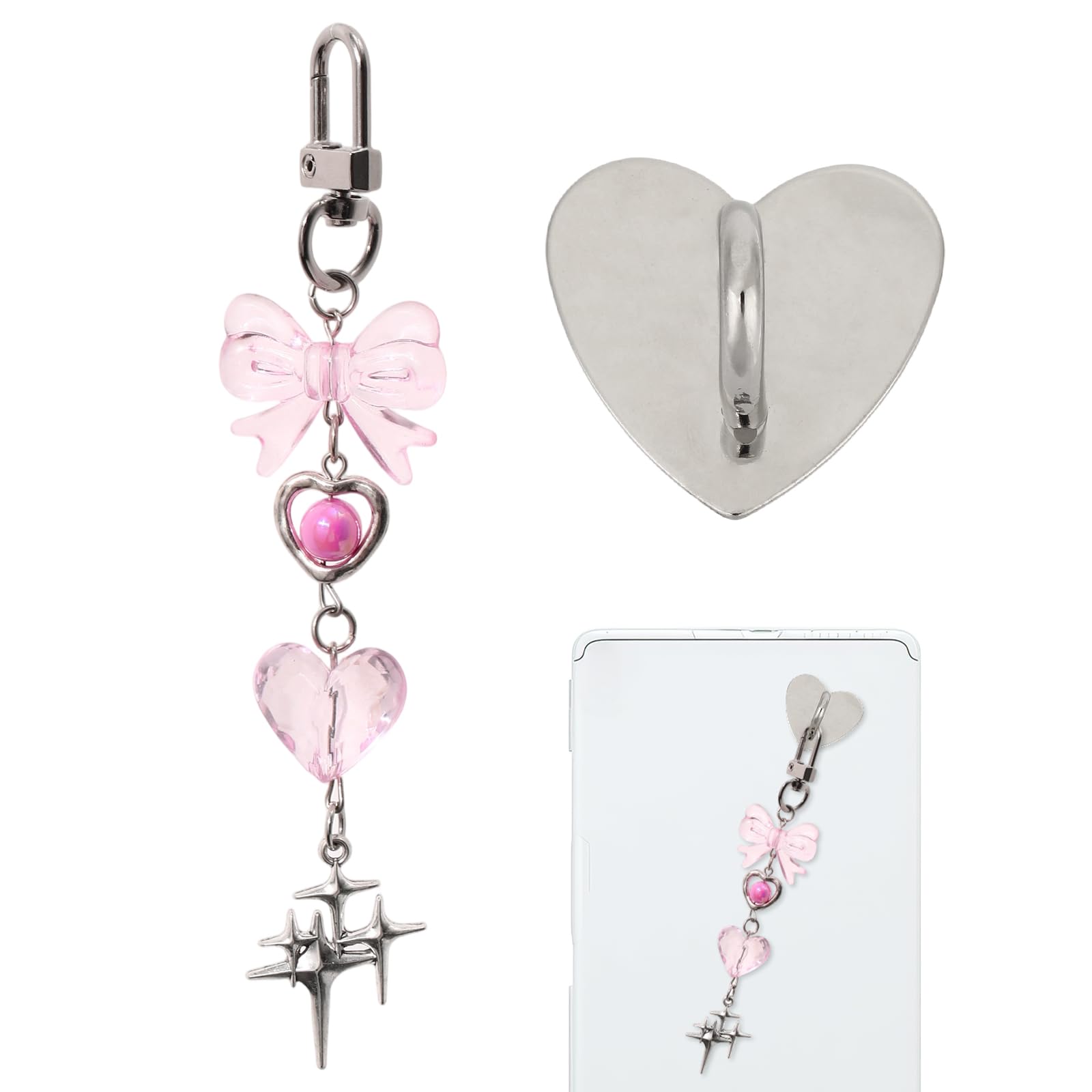 Chaîne de Charme pour Kindle, Délicate avec Nœud Cœur Étoile, Accessoire pour Étui de Téléphone Tablette Liseuse (Rose)