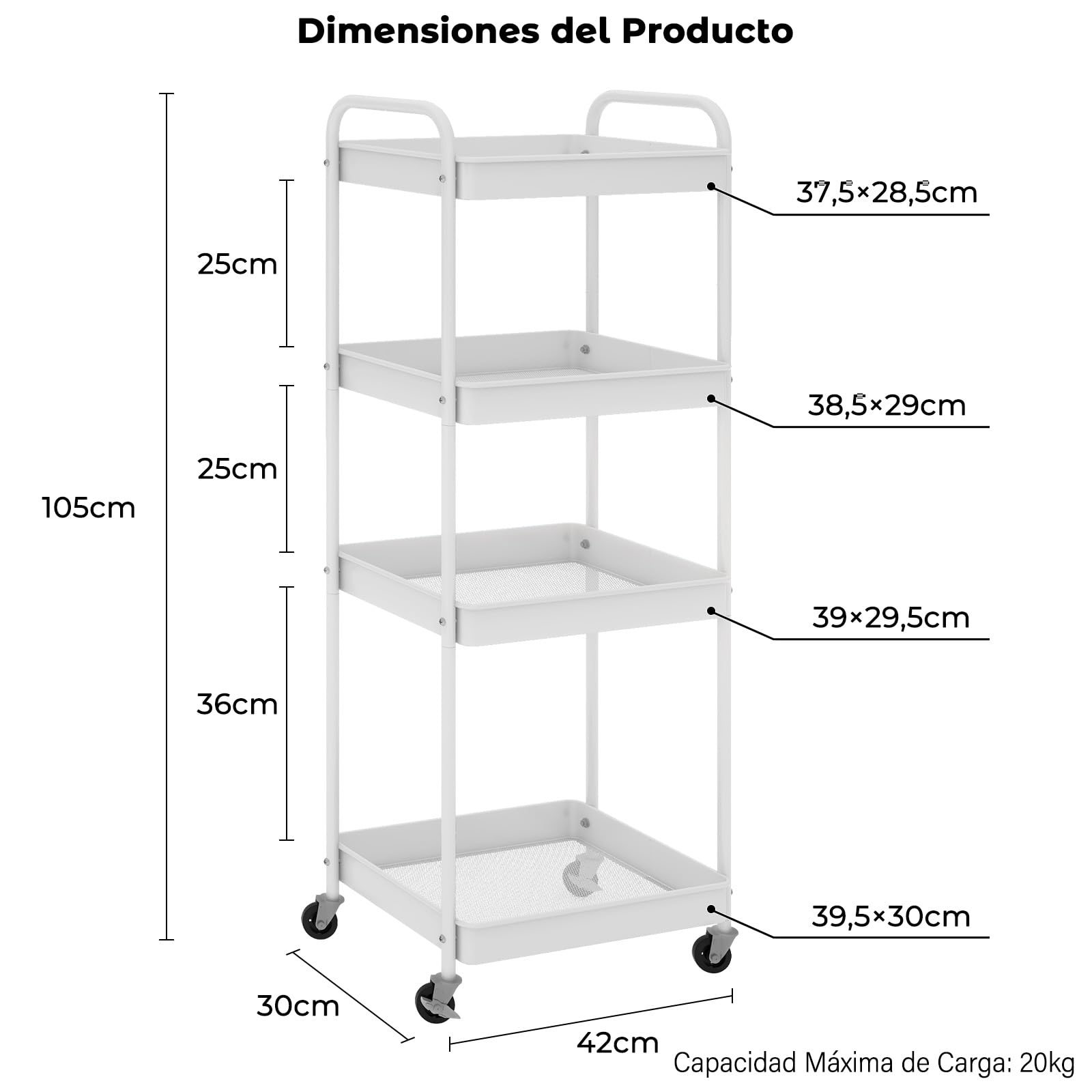 PUNCIA Carro de Almacenamiento de 4 Niveles Carrito de Servicio de Metal | Carrito Auxiliar Metálico con 6 Ganchos para Cocina Baño Salón Estantería con Ruedas Organizador Móvil Estantes Blanco