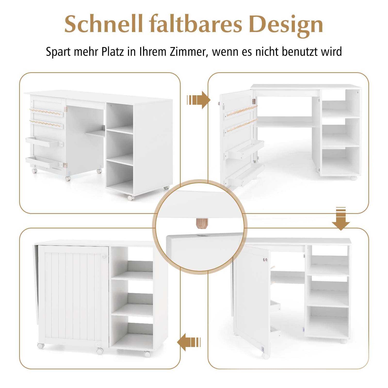 RELAX4LIFE Faltbarer Nähtisch, mehrzweck Nähmaschinenschrank mit Ablageflächen & 2 Behältern & 18 Klammern, tragbare Flexible Handwerksstation mit feststellbaren Rollen für Zuhause, Weiß