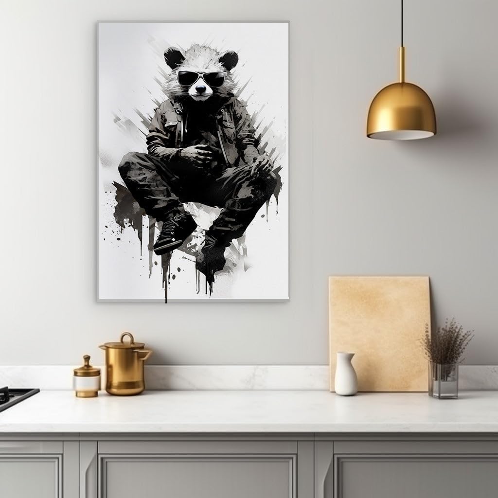 Canvas for Living room. Stylish Panda Illustration - Fashion Meets Wildlife in Minimalist Chic, 27 x 18 inch Canvas Wall Art - Zen Wall Decor - 69x46 cm (27x18 inch)