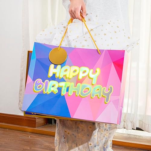 Miniatura 4 de Bolsa de regalo de cumpleaños láser de 16 pulgadas con papel de seda, bolsa de regalo extra grande para regalos, bolsa de regalo de cumpleaños
