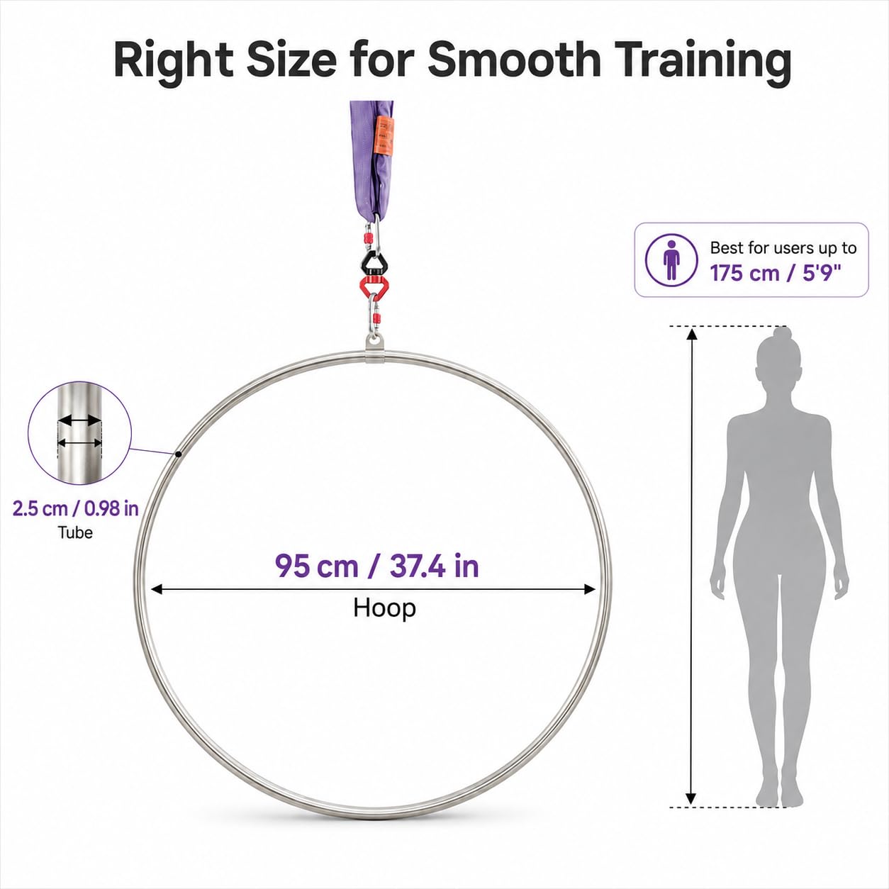 Lyra Hoop Ensemble d'anneaux aériens en acier inoxydable 95 cm Cerceaux à point unique Circus pour débutants et professionnels Kit d'anneaux aériens Équipement de yoga aérien 300 kg
