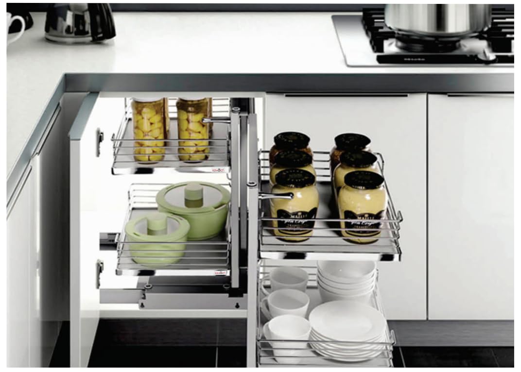 kavach universal magic corner pull out kitchen storage organizer, stainless steel, 965x508x600/700mm, ball bearing base, heavy duty epoxy coated frame, large basket