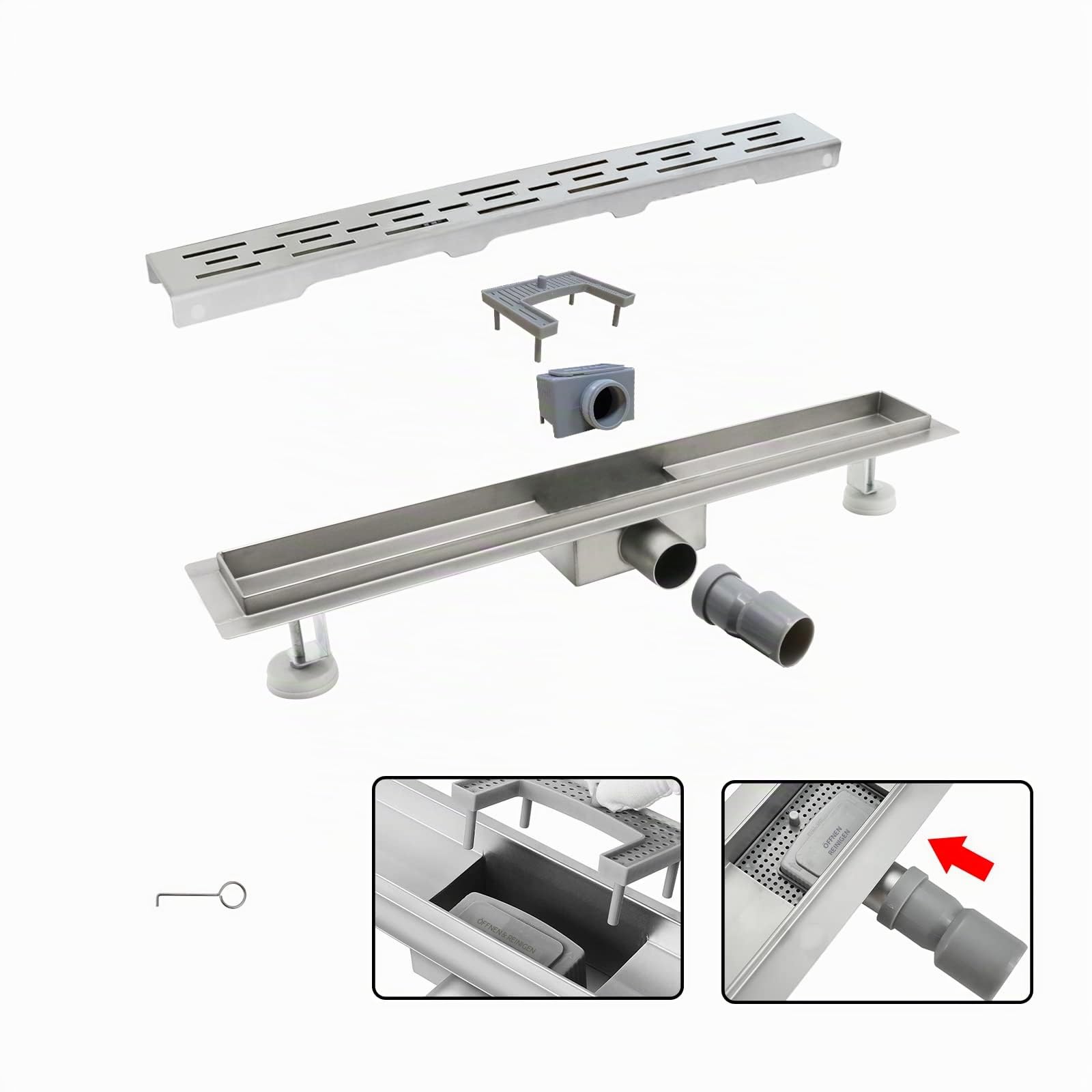 Duschrinne, Strips Duschrinne extra flach 90 cm, Edelstahl Bodenablauf Komplettset mit Siphon Haarsieb…