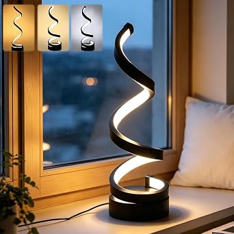 Spiral LED Table Lamp, 3 Color Dimmable Bedside Lamp, USB Powered LED Modern Table Light, Black Spiral Stepless Dimmable Table Lamps for Bedroom Living Room Office Lighting and Decoration [Energy Class A+++]