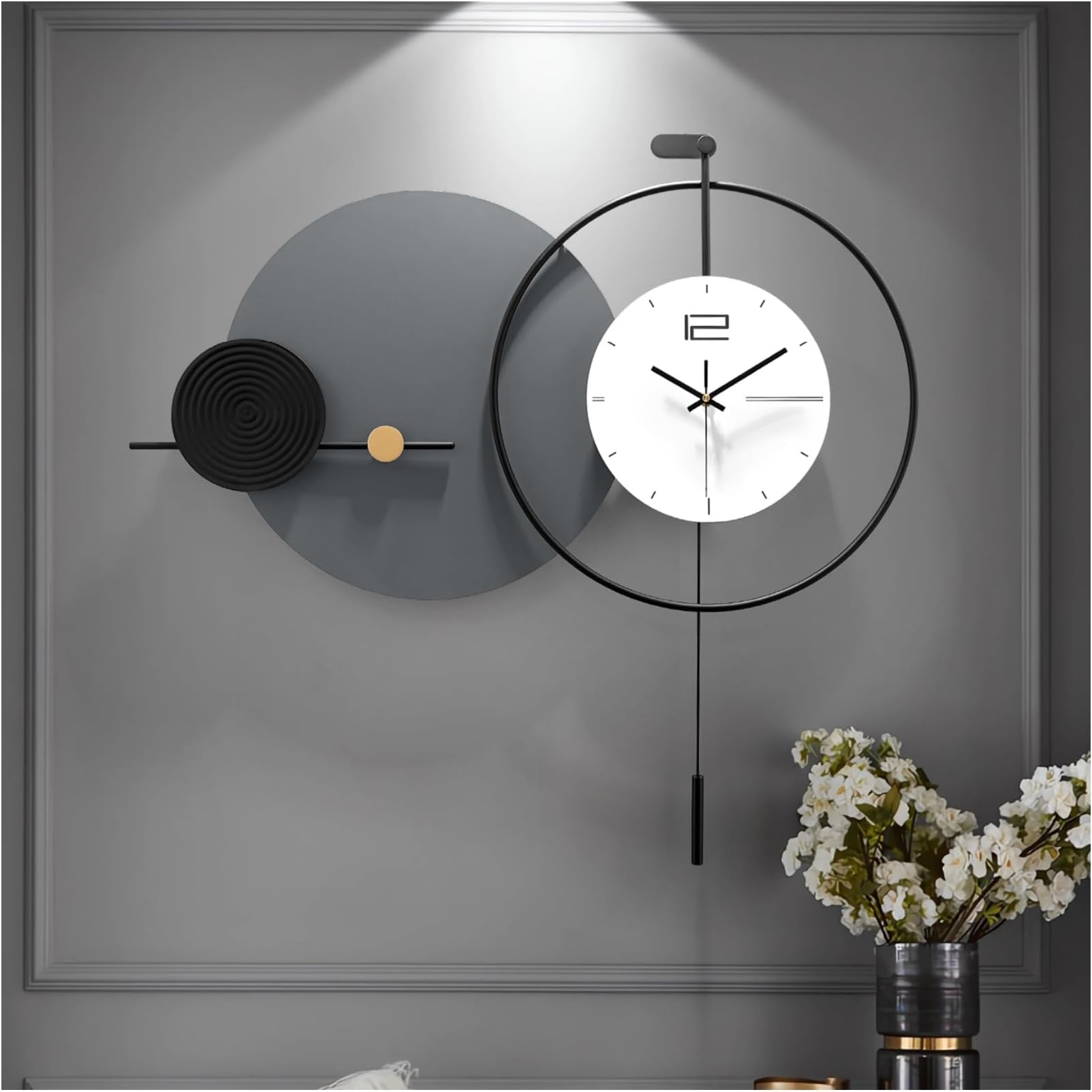 Large Modern Wall Clock for Living Room,Decorative Silent Battery Operated Wall Clock with Pendulum Metal Wall Art for Kitchen/Bedroom/Entryway/Office Decor