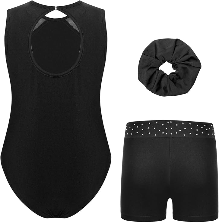 Gymnastics Outfit Set for Girls Patchwork Sleeveless Leotard Unitards with Shorts and Headwear