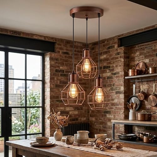 Image of DC VOLTAGE 3 Light Rustic Red Cage Pendant Light E27 with Bulbs
