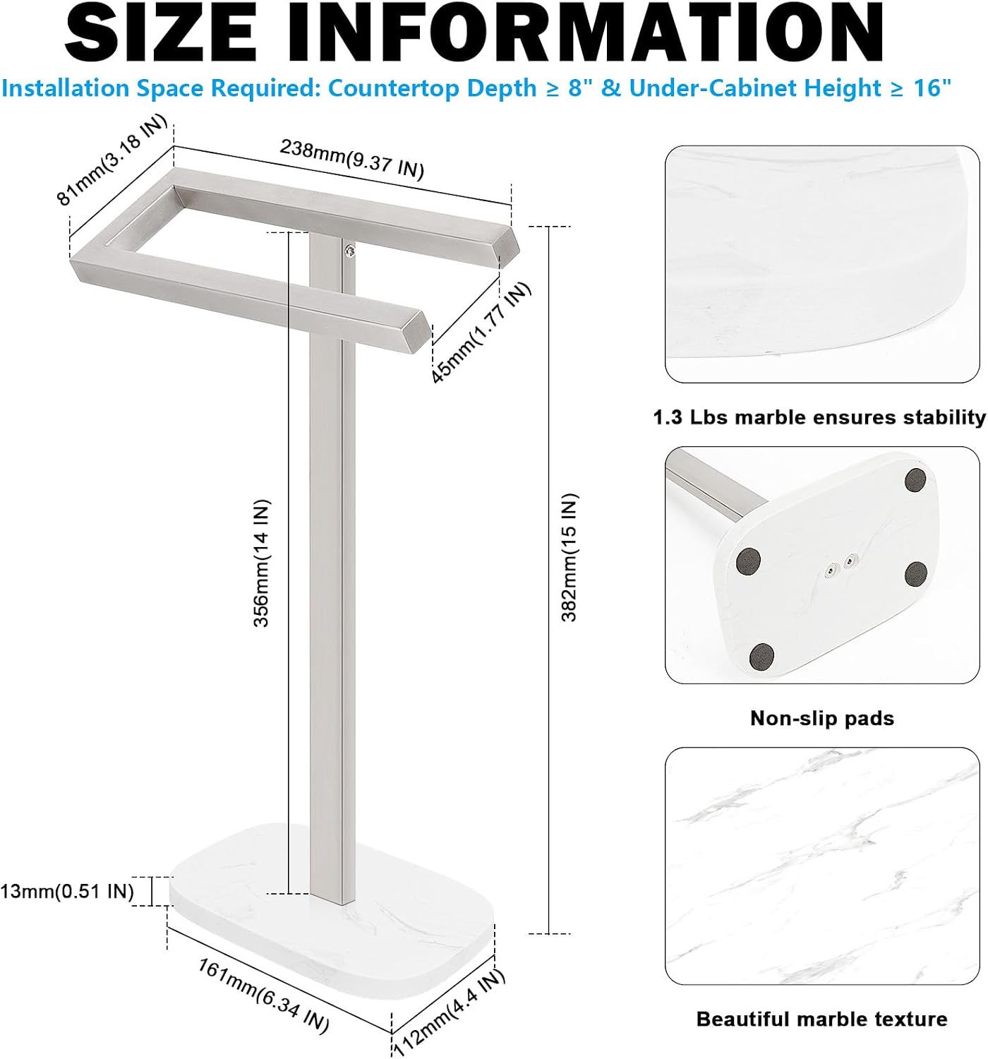 Livabber Standing Hand Towel Holder, 304 Stainless Steel Hand Towel Rack Stand with Heavy Marble Base, Bath Accessories, Towel Ring for Bathroom Kitchen Countertop, 14 Inch (Brushed Nickel)