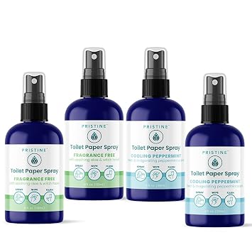 PRISTINE Toilet Paper Spray - As Seen on Shark Tank, More Natural Personal Cleansing Wipe Alternative, Spray Toilet Paper to Create Flushable Wipe, Two Fragrance Free & Two Cooling Peppermint Bundle