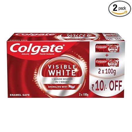 Colgate Visible White 200g (100g x 2, Pack of 2) Teeth Whitening Toothpaste with Whitening Accelerators for Tobacco Stain Removal , Colgate Toothpaste with Minty Flavor for Everyday Fresh Breath