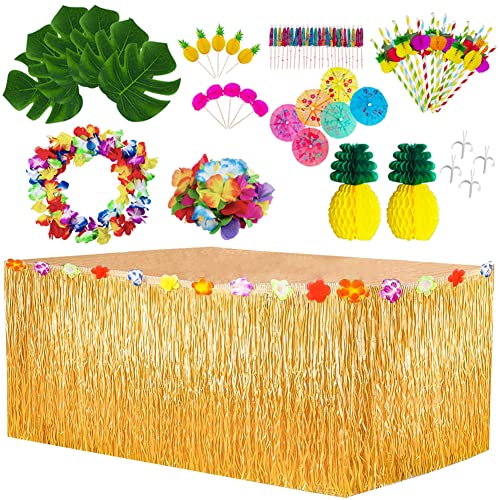 BangShou Hawaienne Luau Table Jupe Set, Tropical Anniversaire Décoration avec Guirlande de Fleurs, Deco Hawai pour Adultes,Aloha Decoration De Table Fete