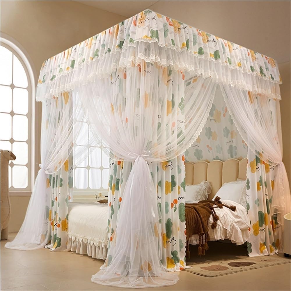 4 Corners Post Ruffle Luxurious Lace Bed Canopy Curtain, Elegant Double Layer Cozy Drape Netting, Bed Curtains for Twin, Full, Queen Size Bed Drapes(D,70.9 * 86.6in)