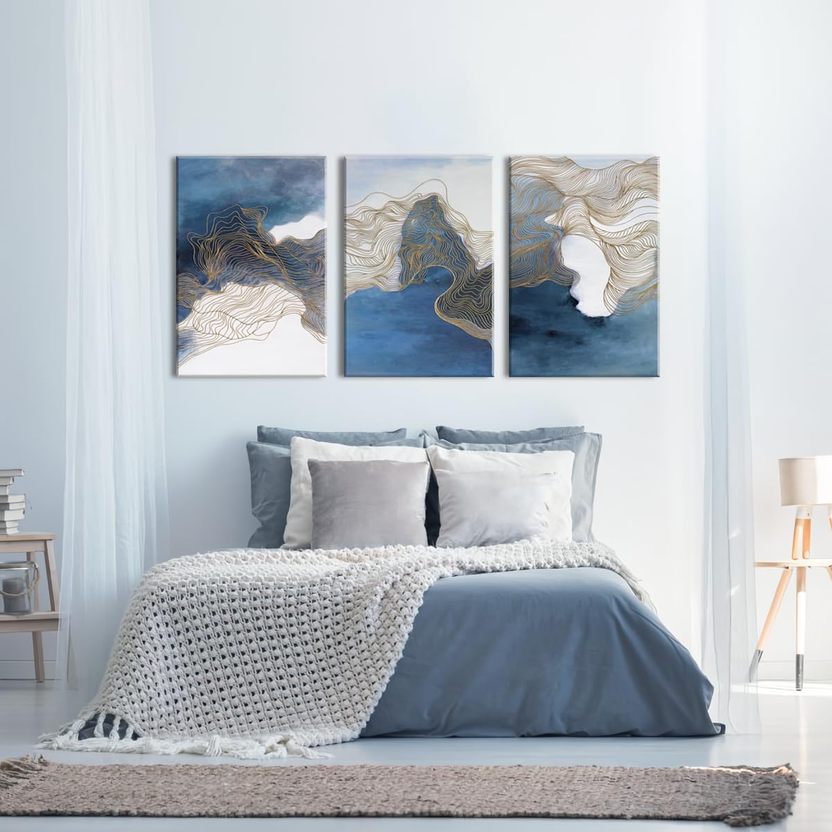 Piy Painting 3Pcs Cuadros Decorativos Salon Resumen Líneas Grande Impresiones De Lienzo Modernos Tema azul Pintura Laminas Decorativas Pared Dormitorios Quadros Decoração Pasillo Oficina 57x40cm