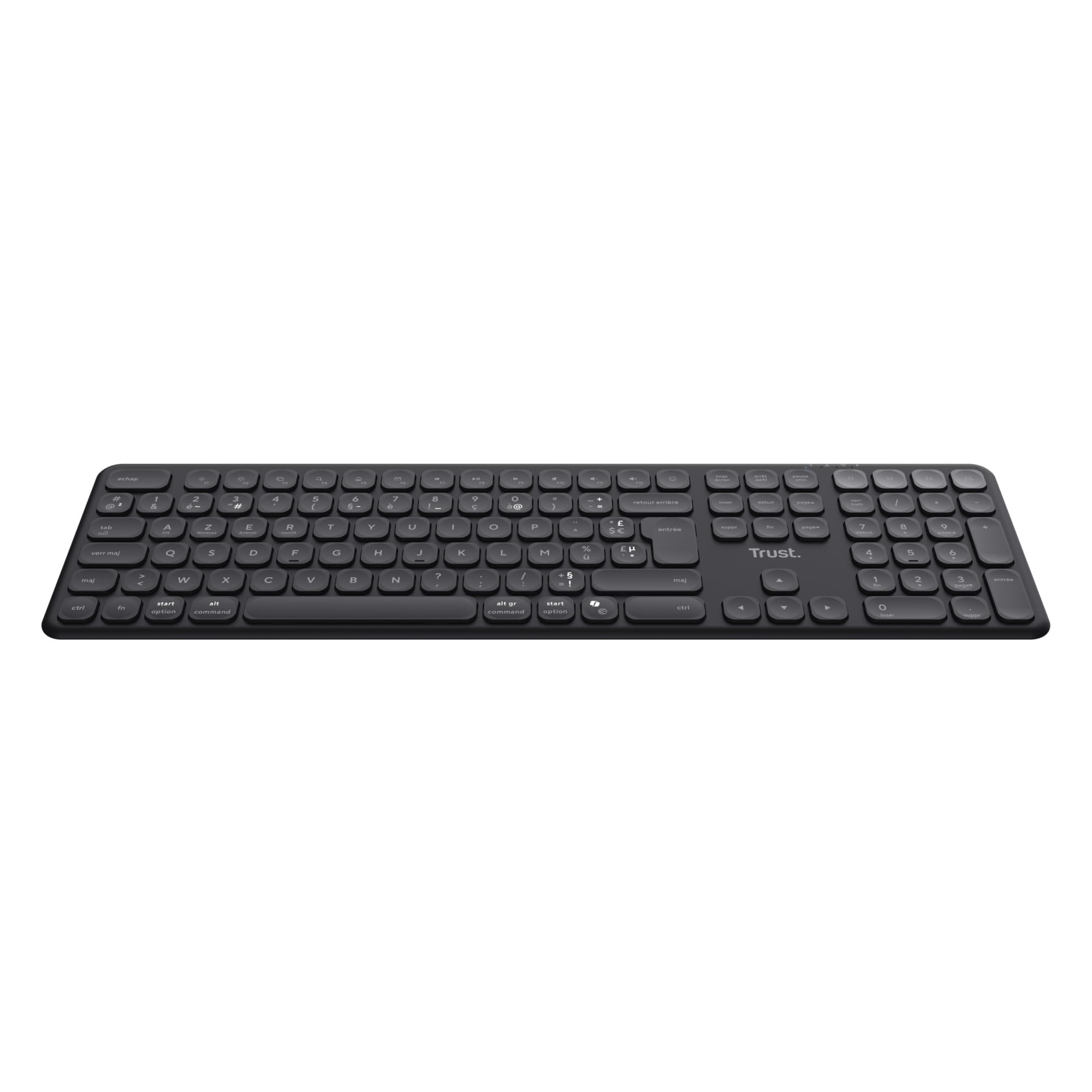 Trust Vaiya Clavier sans Fil Bluetooth + 2.4Gz AZERTY Français, Noir | Clavier Bluetooth Multi-appareils Rechargeable avec Pavé Numerique, 55% Plastique Recyclé, Windows iOS iPadOS Android