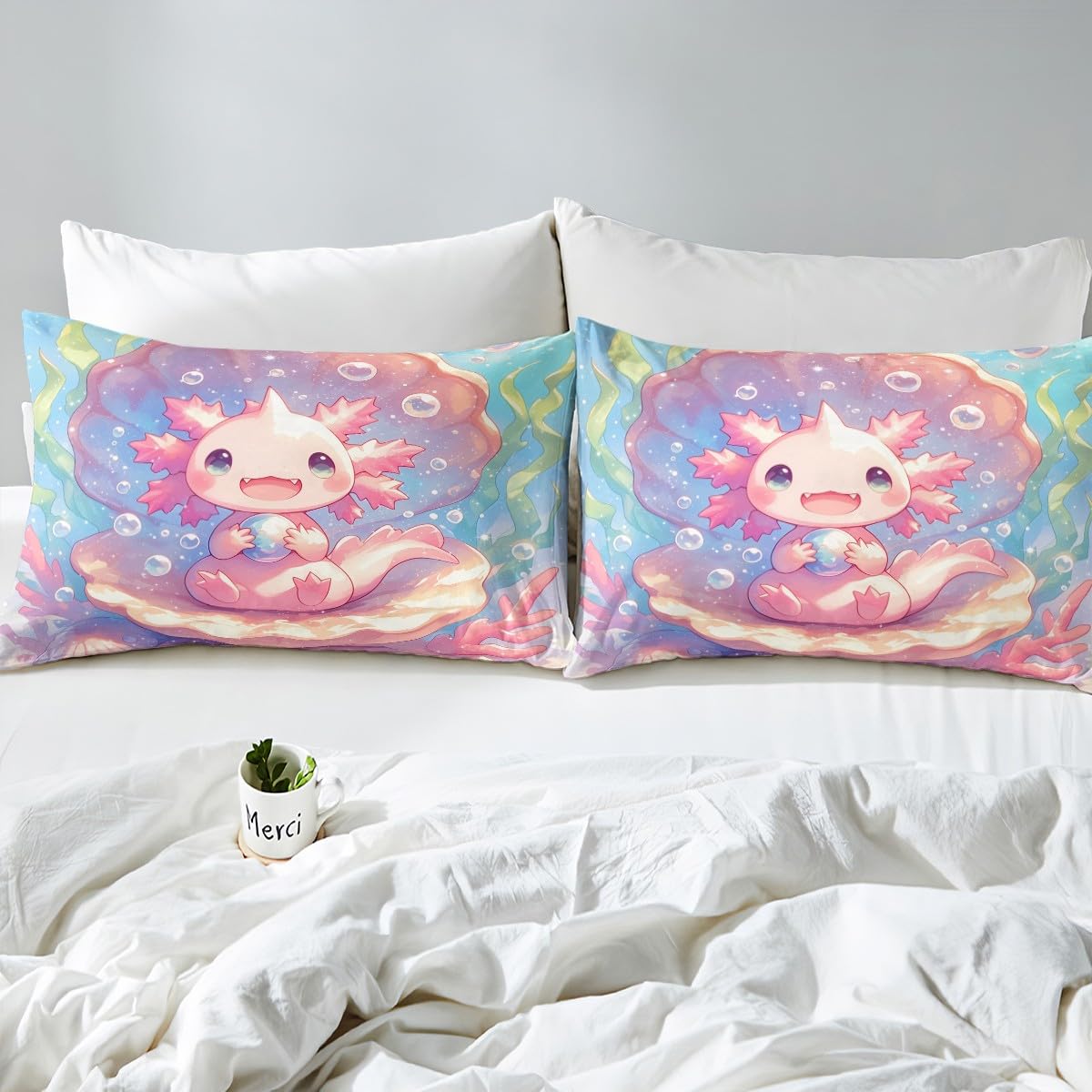Loussiesd Cute Axolotl Bedding Set for Girls Boys Kids Single Size Cartoon Salamander Comforter Cover Set Kawaii Ocean Sealife Duvet Cover Ocean Bedspread Cover 2Pcs Pink Quilt Cover - Image 4